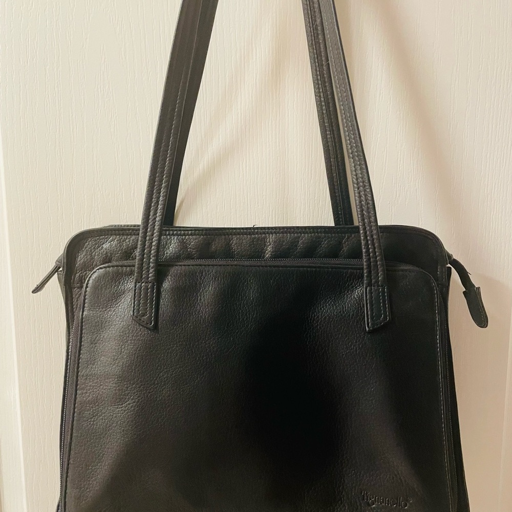 Tignanello pebbled soft Black Leather and Fabric Shoulder Bag 2 storage areas